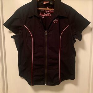 Harley Davidson Zip Front Shirt Women’s 2XL Pink & Black Embroidered Fitted